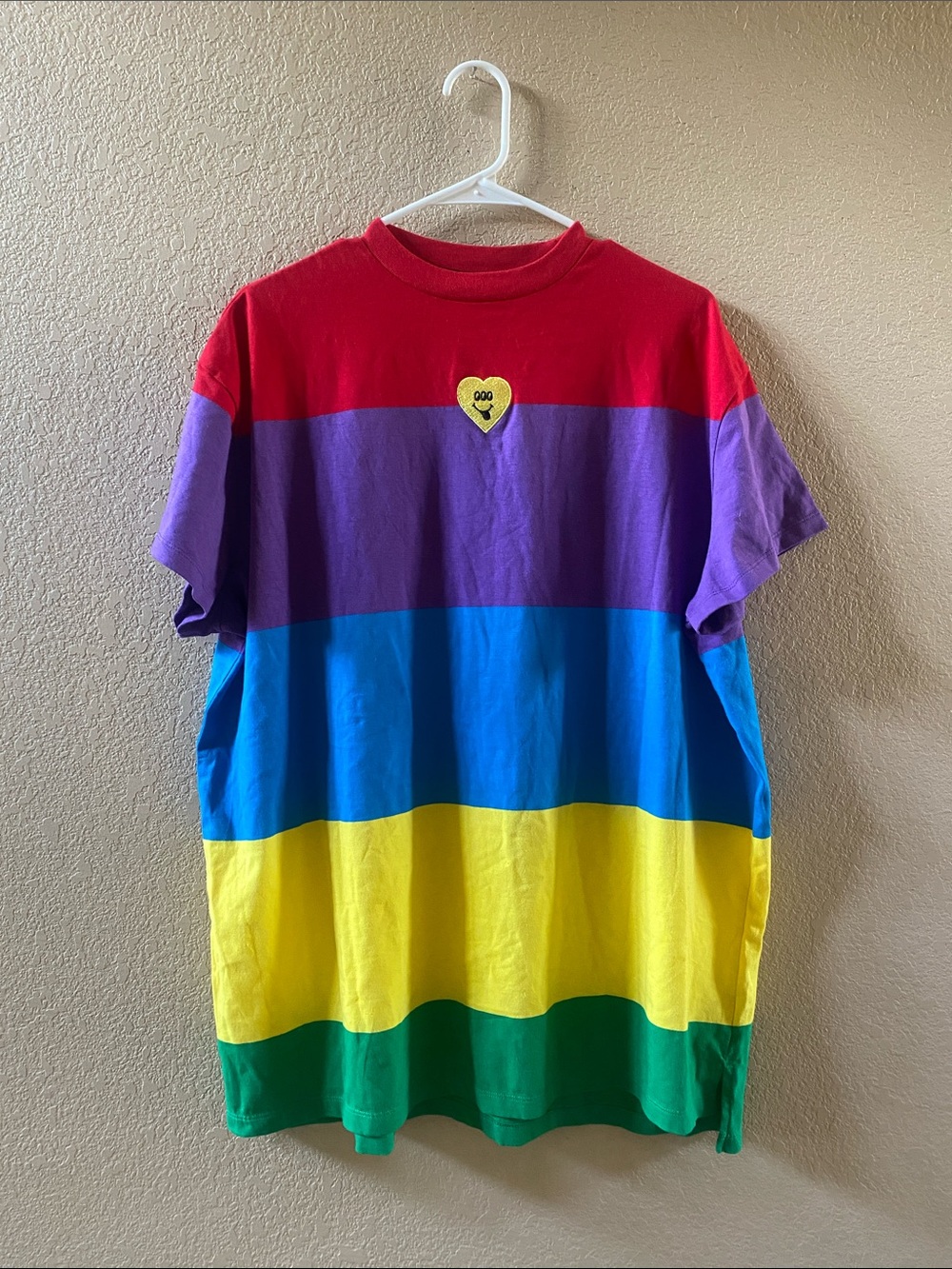 Lazy Oaf Colorblock Rainbow Striped Tee with Heart Patch
